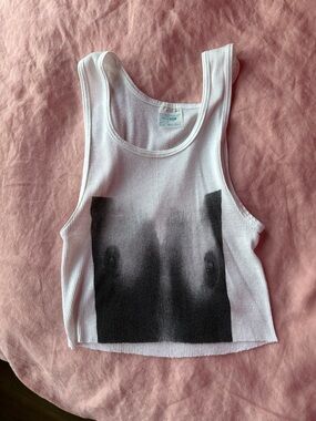 White Ribbed Tank Top with Black Ombre Graphic